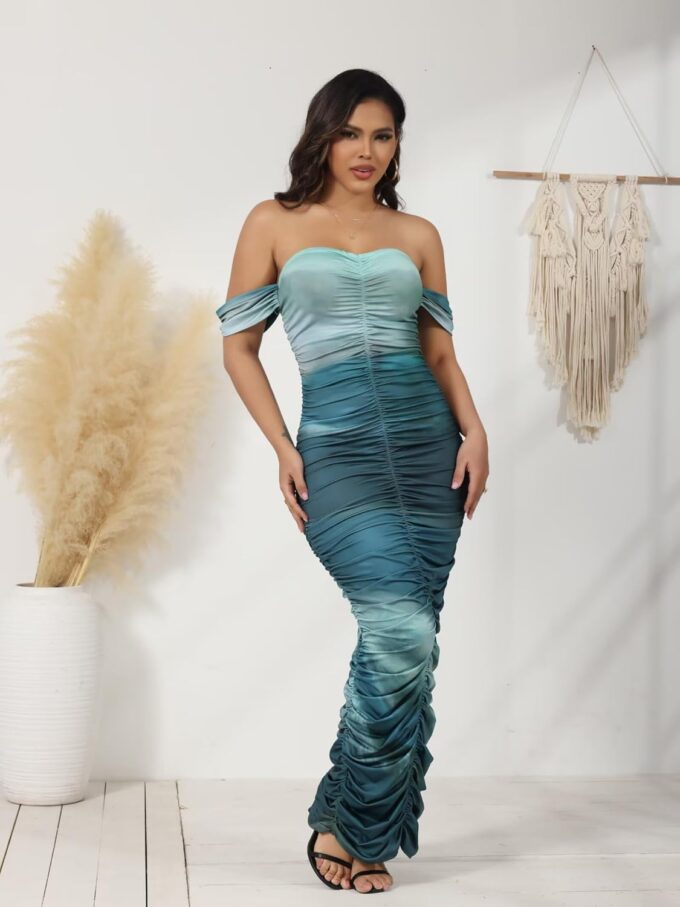 Ophestin Women Sexy Off The Shoulder Short Sleeve Tie Dye Ruched Bodycon Maxi Dress Party Club Dresses – Bild 2