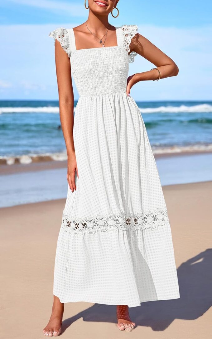PRETTYGARDEN Women's Smocked Summer Maxi Dresses 2025 Ruffle Cap Sleeve Square Neck Lace Detail Flowy Sundress with Pockets – Bild 2