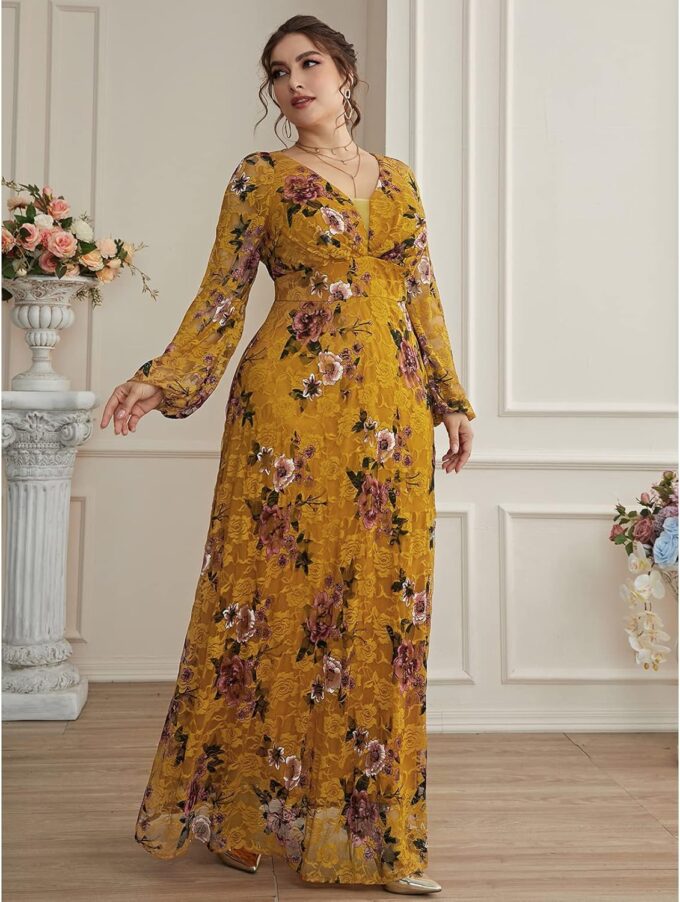TOLEEN Women's Plus Size Dress V Neck Rose Embroidery Mesh Elegant Formal Maxi Dresses – Bild 2
