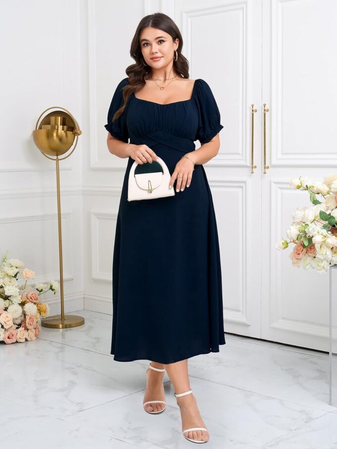 SCOMCHIC Women's Plus Size Wedding Guest Dress Semi Formal Short Sleeve Square Neck A-line Long Cocktail Maxi Dresses – Bild 2
