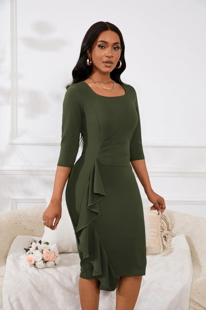 Womens 1950s Vintage Bodycon Dress 3/4 Sleeve Square Neck Cocktail Pencil Sheath Midi Dress Elegant – Bild 5