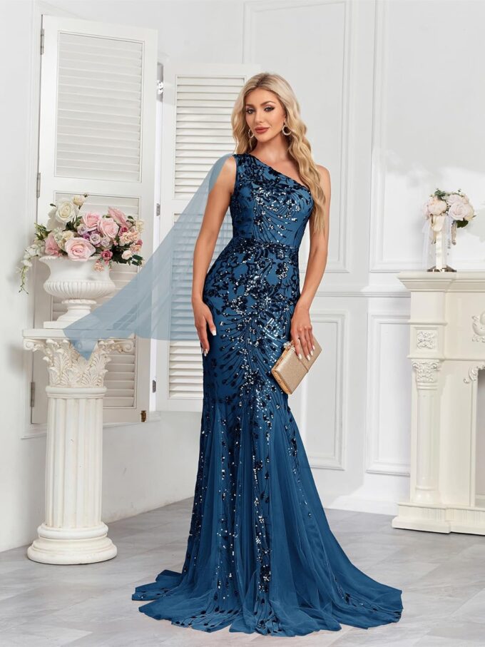 One Shoulder Glitter Mermaid Dress for Mother of The Bride Women's Sexy Sequin Formal Gown – Bild 3