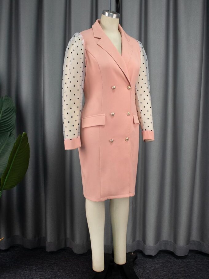 AOMEI Damen Polka Dot Tüll Ärmel V Ausschnitt Enges Kleid Business Arbeitskleidung für Frauen Zweireihig Blazer Kleid – Bild 3