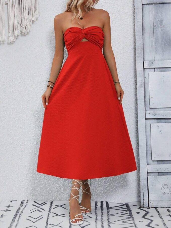 SKAYS Womens Strapless Twist Knot Midi Dress Cutout A-line Tube Summer Cocktail Party Dress with Back Smock – Bild 4