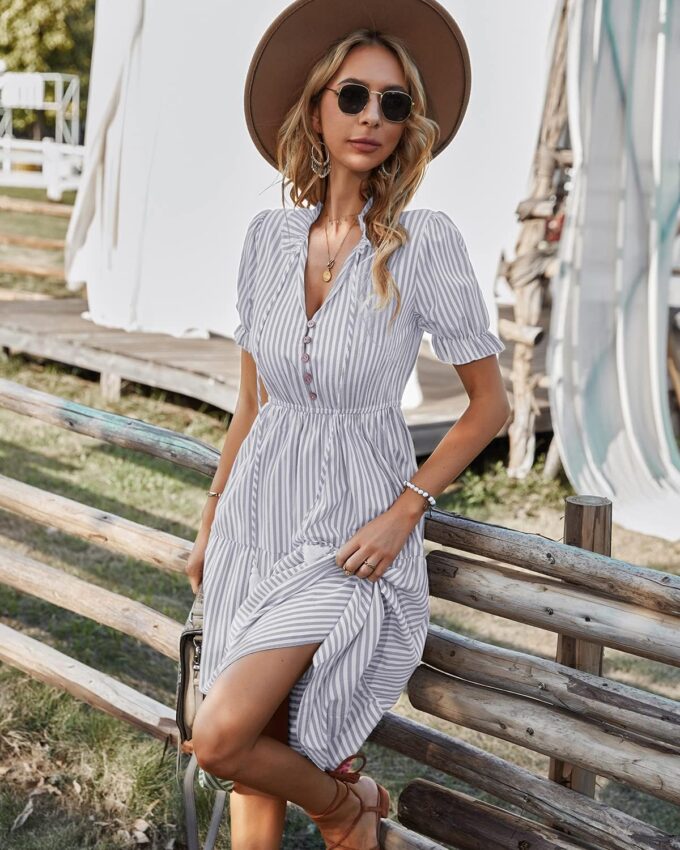 Sexyasasii Women's Summer Ruffle Puff Sleeve Dress Short Sleeve V Neck High Waist Casual Loose Striped Midi Dresses – Bild 3