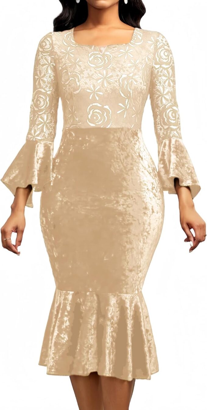 Midi Lace Dress for Women Sexy Bodycon Fishtail Dress Elegance Cocktail Party Banquet Church Outfits
