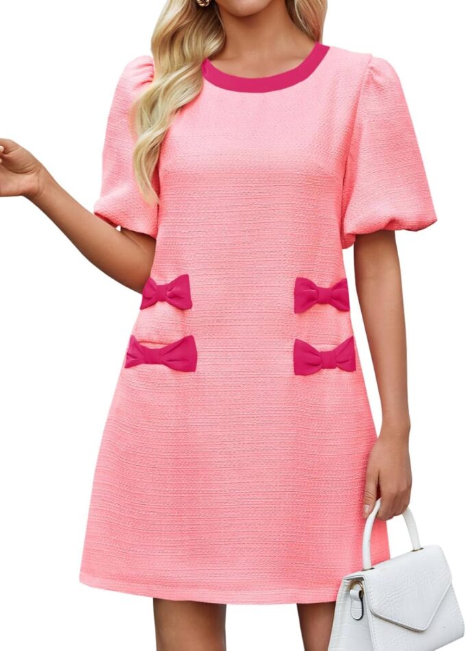 Wenrine Womens Summer Mini Dress Casual Tweed Short Sleeve Bow Work Business Dresses with Pockets