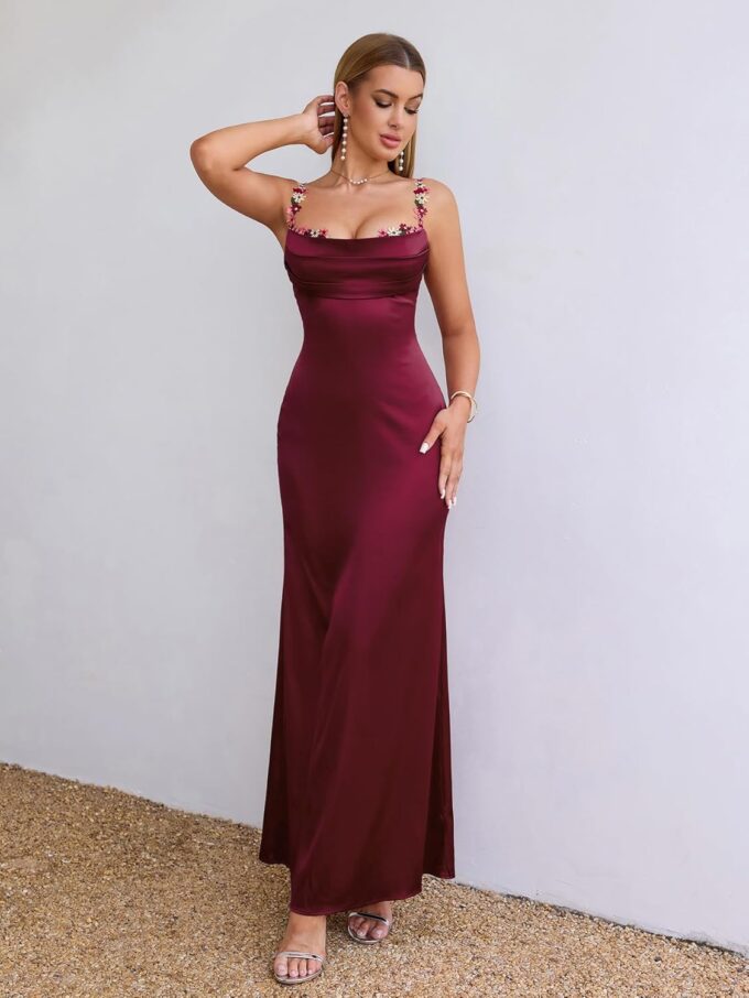 Women's Satin Bodycon Maxi Dress Floral Spaghetti Strap Sweetheart Neckline Formal Wedding Guest Party Dresses – Bild 6