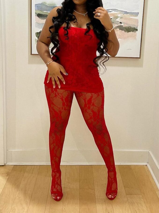 Mojessy 2 Piece Outfits for Women Sexy Lace Tube Mini Dress Top with Stockings Legging Set Birthday Outfits – Bild 5