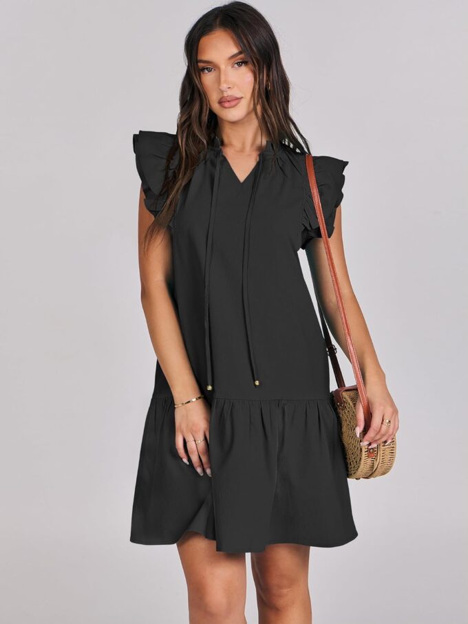 ANRABESS Womens Summer V-Neck Drawstring Ruffle Cap Short Sleeve Casual Shift Mini Dress with Pockets – Bild 6