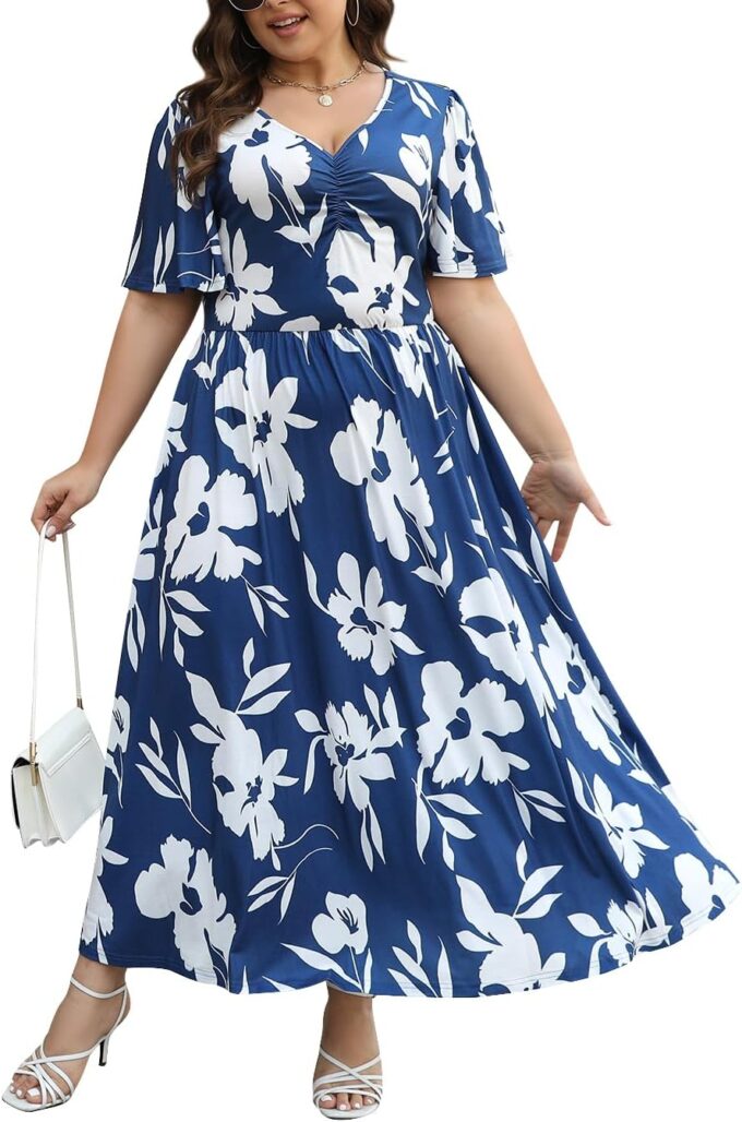 Keluummi Plus Size Wedding Guest Maxi Dresses for Curvy Women, Summer Floral Empire Waist Long Cocktail Dress with 3/4 Sleeve