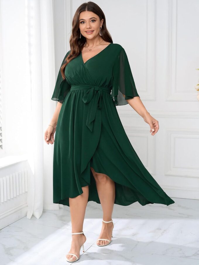 Womens Plus Size Wedding Guest Cocktail Dress Wrap V Neck Flutter Sleeve High Low Hem A-Line Midi Dresses – Bild 5
