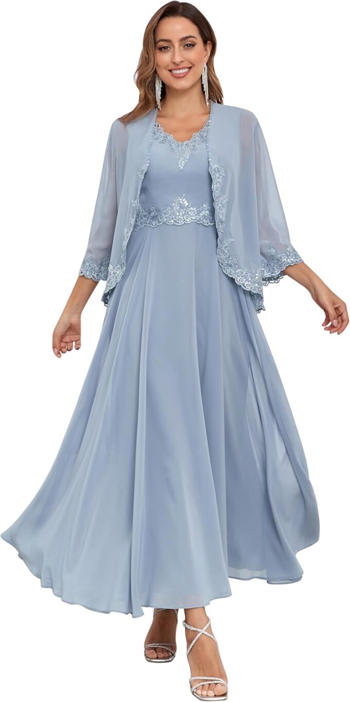 Women's 2 Piece Chiffon Mother of The Bride Dresses with Jackets for Wddding Ankle Length Lace Formal Dress