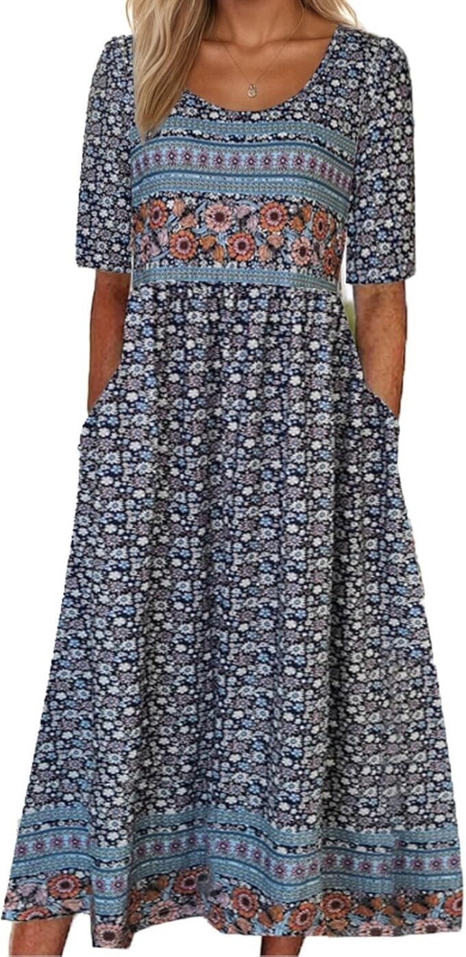 Women's Boho Floral Maxi Dress Casual Boho 2025 Summer Short Sleeve Beach Dresses with Pockets