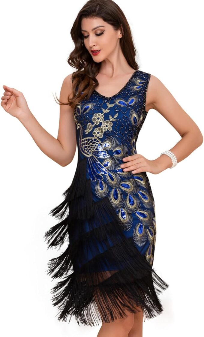1920s Women Vintage Peacock Sequined Tassel Flapper Party Dress