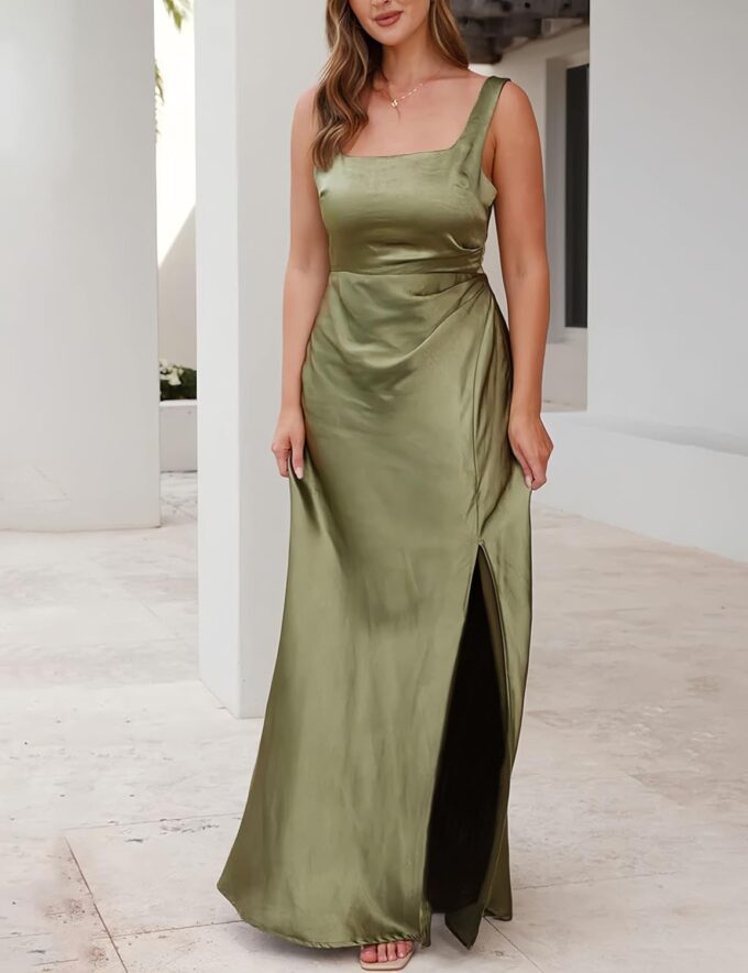 Summer Vacation Satin Maxi Dresses for Women 2025 Square Neck Formal Elegant Ruched Tank Top Wedding Guest Dress with Slit – Bild 5