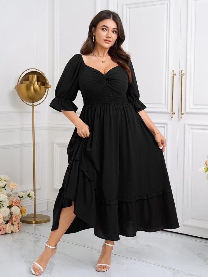 SCOMCHIC Women Plus Size Maxi Dresses Sweetheart Knot Front Puff Short Sleeve Wedding Guest Smocked Ruffle Flowy Dress – Bild 2
