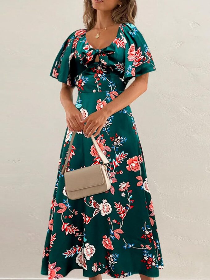 Fashionme Womens Dresses 2025 Maxi Dresses Deep V Neck Elegant Bow Tie Front Cap Sleeve Summer Floral Satin Smocked Dress – Bild 5