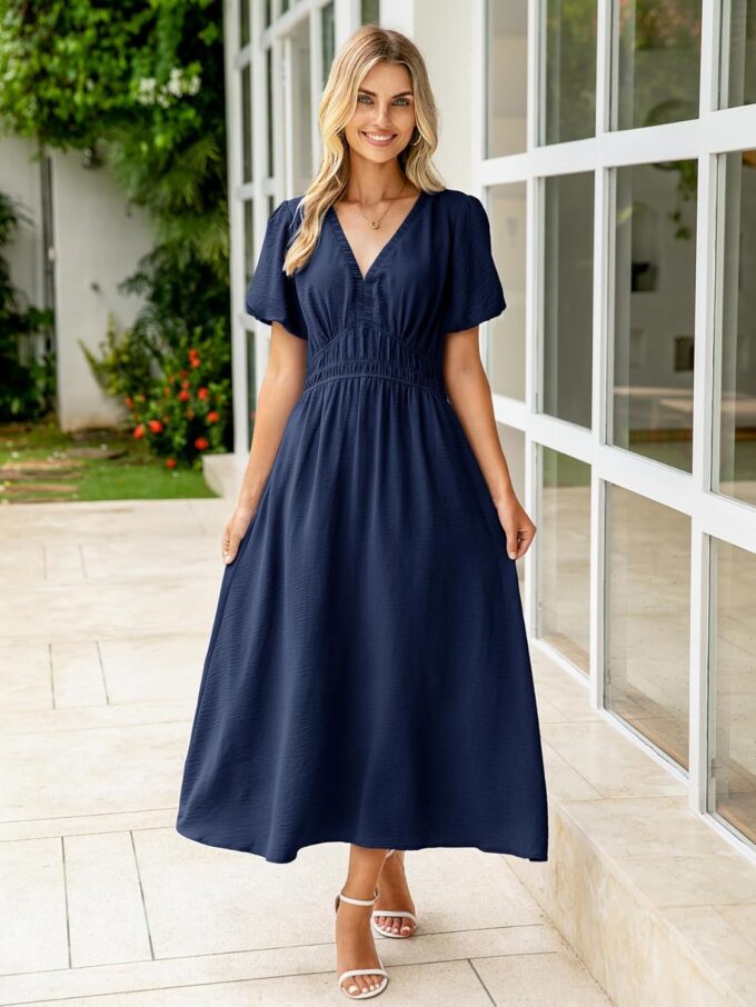Simplee Women's Summer Flowy Midi Dress Casual V Neck Short Sleeve Empire Waist Boho Beach Dress Wedding Guest Maxi Dress – Bild 3