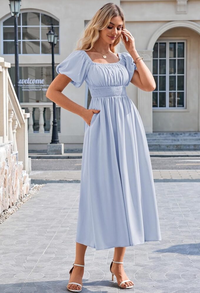 Linsery Women's Summer Square Neck Short Puff Sleeve Casual Smocked Flowy A Line Midi Dress – Bild 6