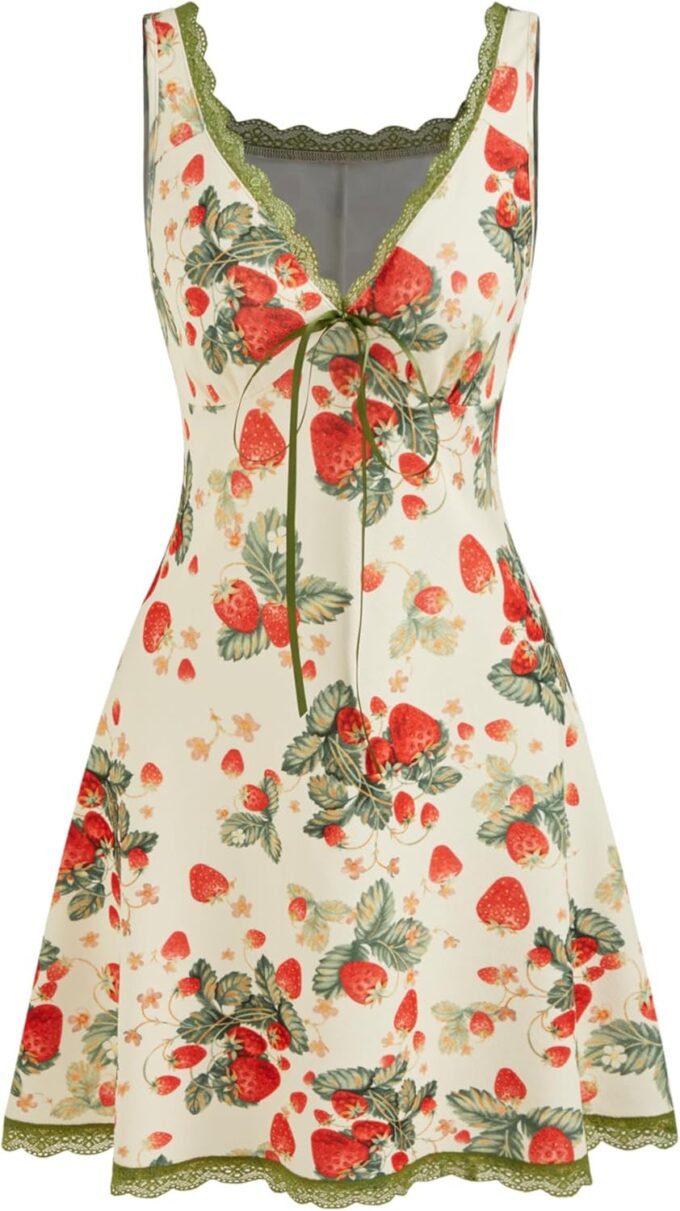 CIDER Summer Mini Dresses for Women Fruit Pattern Sweetheart Neck Sleeveless Sundress Knotted Tie A Line Sun Dresses
