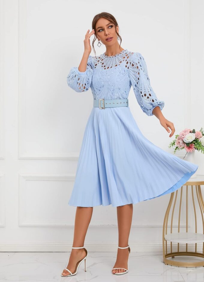 IWFEV Lace Pleated Dress Puff Sleeve Mid-Calf Short Sleeve Midi Dress Hollow Party Evening Dress – Bild 6