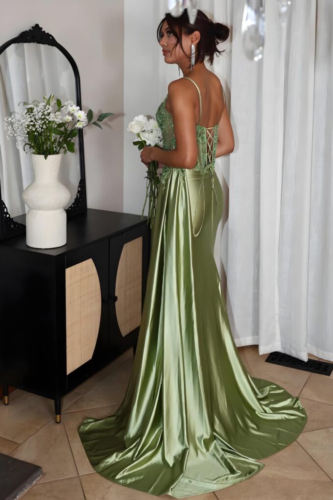 Lace Appliques Prom Dresses 2025 Long with Slit Corset Pleated Satin Mermaid Formal Ball Gown – Bild 2