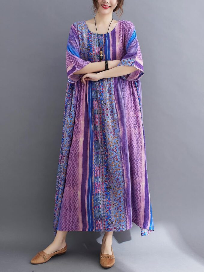 Women Summer Dress with Pockets Plus Size Boho Floral Print Round Neck Loose Casual Purple Flowy Dress – Bild 3