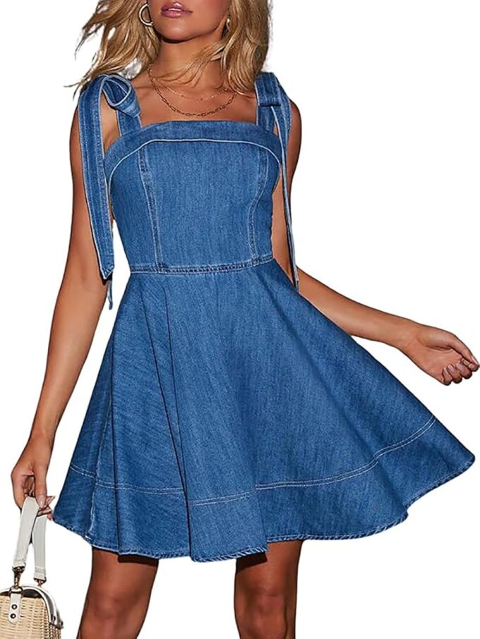 utcoco Denim Dress for Women Tie Shoulder Straps Sleeveless Backless Ruffle A Line Swing Babydoll Mini Jean Dresses