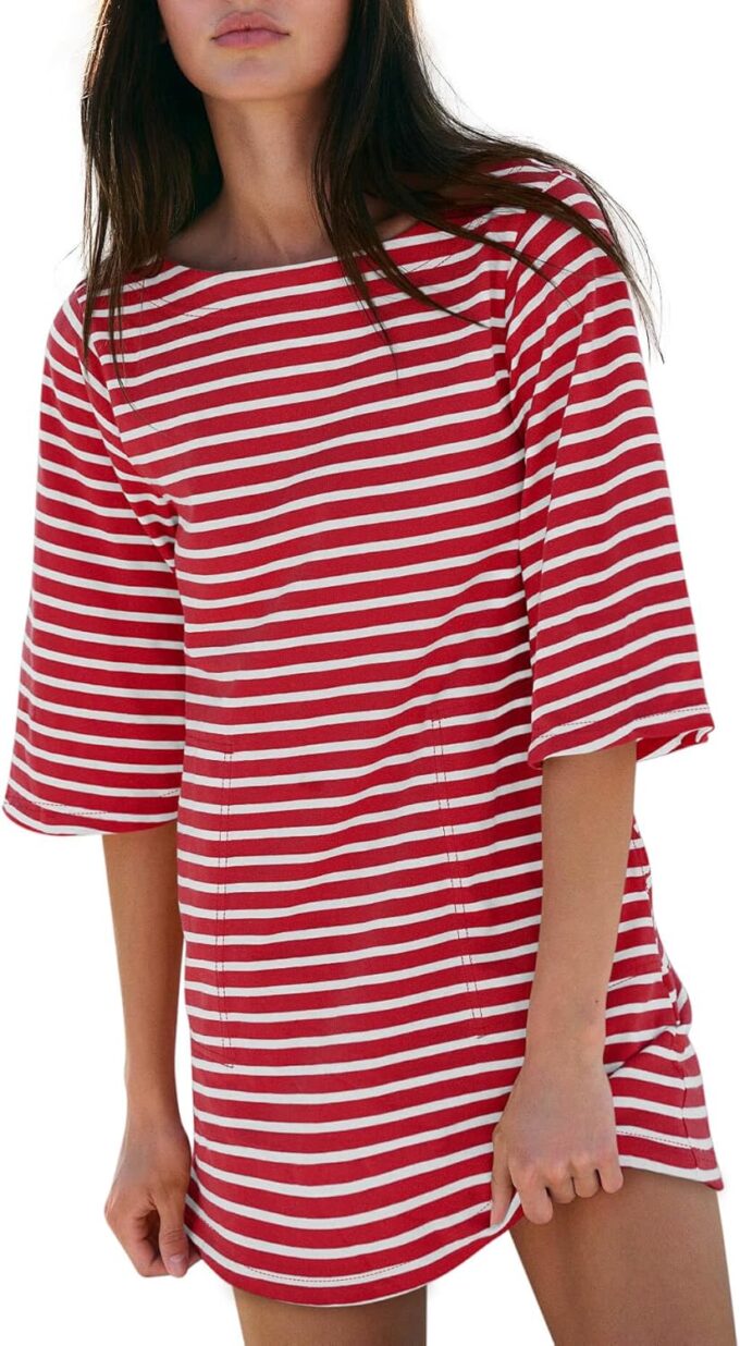 Yousify Women’s T Shirt Dress Cotton Summer Dresses 2025 Casual Loose Short Sleeve Striped Mini Dress with Pockets