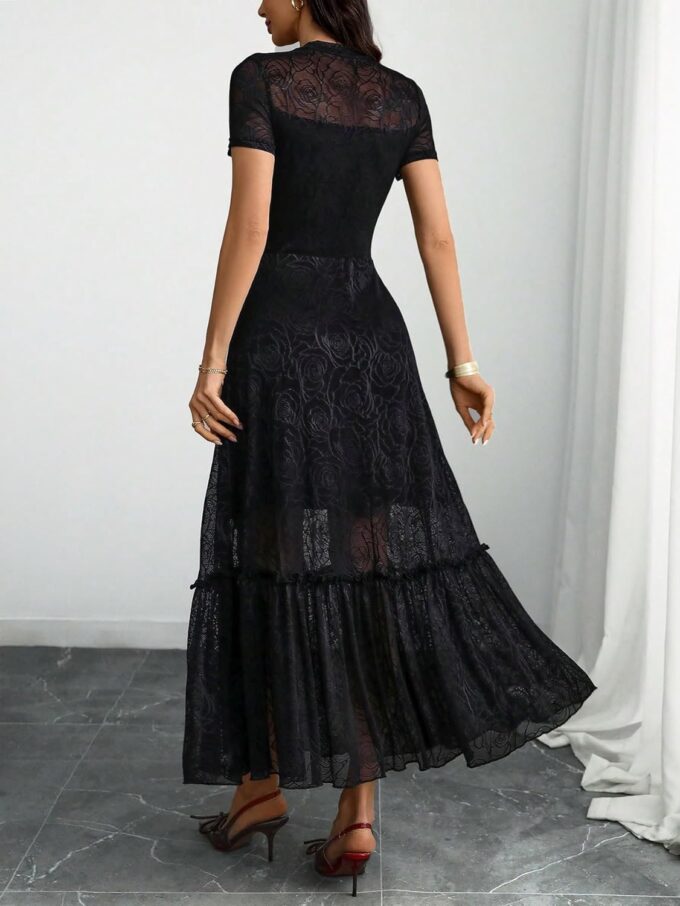 GothDark Womens Elegant Vintage Floral Lace Dress Short Sleeve Double Layer Gothic Midi Wedding Guest Casual Dress – Bild 2