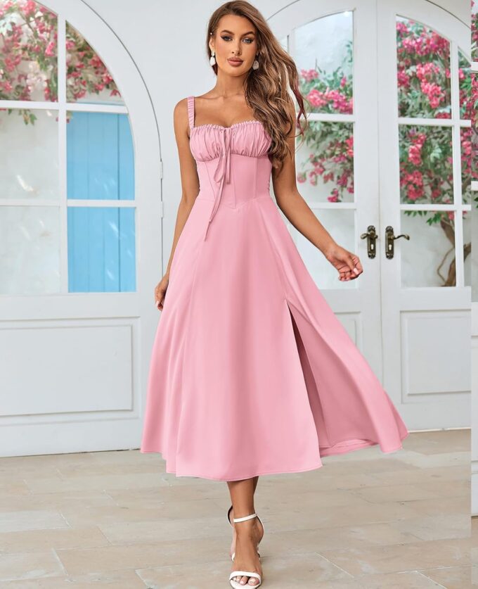 GLNEGE Women's Summer Corset Midi Dress Casual Lace Up Flowy Milkmaid Dresses A-Line Boho Sundress – Bild 5