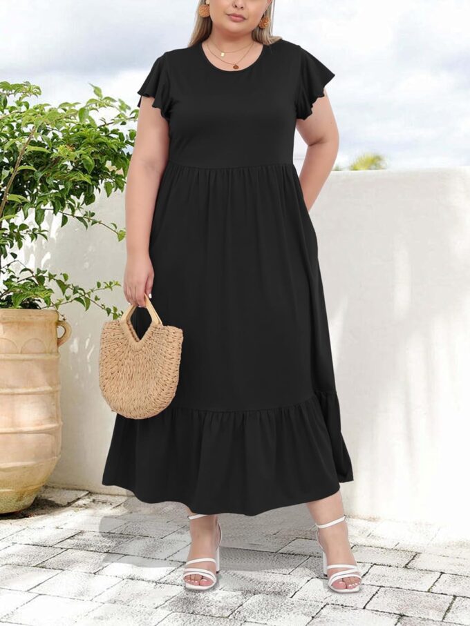Moon Wood Women's 2025 Plus Size Casual Dress Crew Neck Ruffle Short Sleeve Summer Maxi Dresses with Pockets – Bild 6
