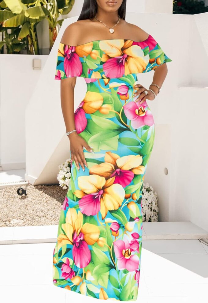Women's Off Shoulder Maxi Dress Sexy Hawaiian Floral Long Party Dresses – Bild 4