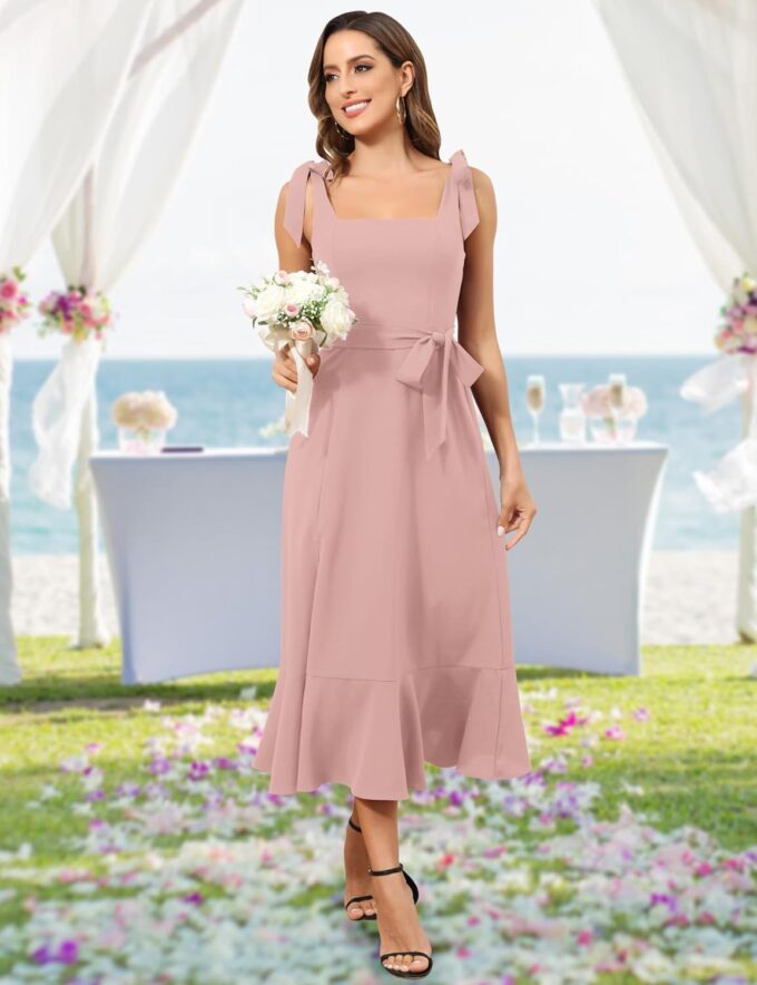 ROYAL MATRIX Women's Midi Dresses for Wedding Guest Semi Formal Dress for Cocktail Party Square Neck Split Bridesmaid Dress – Bild 2
