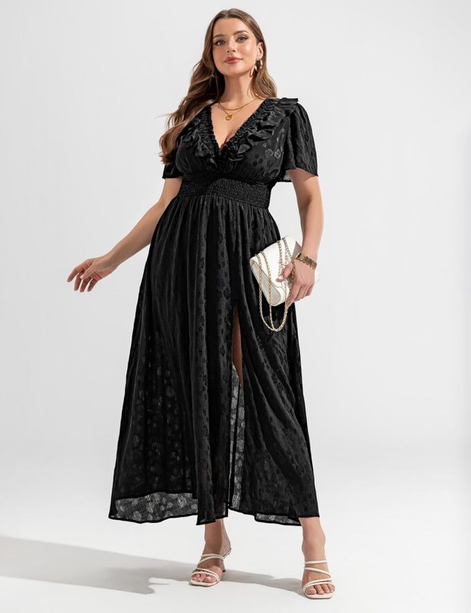 Womens Chiffon Summer Maxi Dress 2025 Boho V Neck Empire Waist Long Flowy Dresses for Wedding Guest – Bild 4