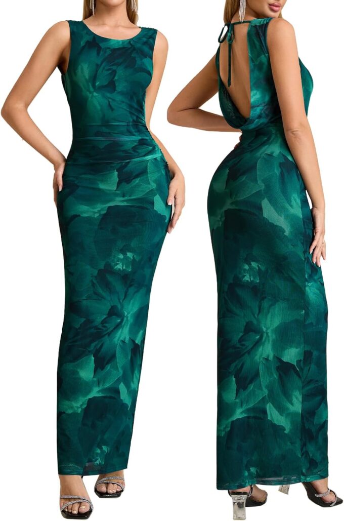 XinFSh Women's Summer Floral Maxi Dress Backless Mesh Bodycon Formal Long Wedding Guest Cocktail Dresses