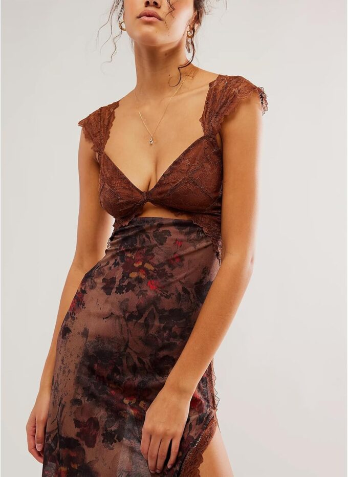 Women Sexy Lace Patchwork Mesh Dress Floral Print Cutout Sweetheart Neck Backless Slit Summer Maxi Dress – Bild 2