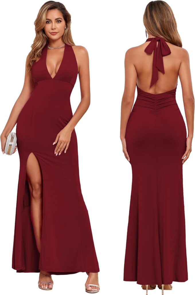 Aigeman Women's Sexy Deep V-Neck Halter Evening Gown High Split Backless Maxi Dress Bodycon Formal Dress 408 – Bild 5