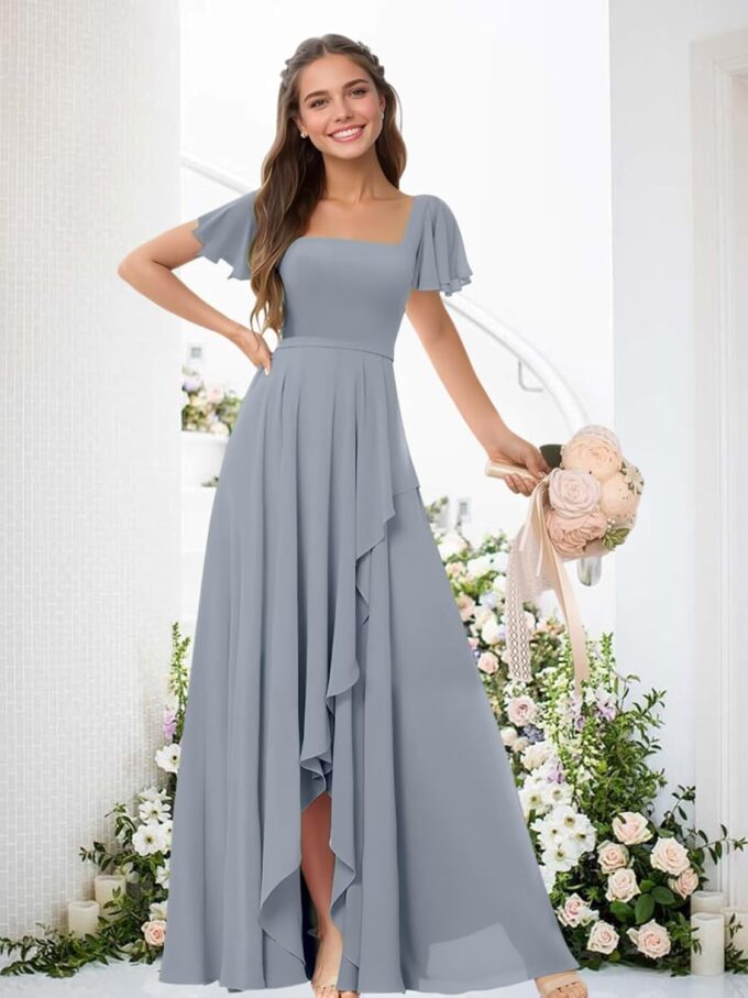 Square Neck Bridesmaid Dresses for Women Chiffon Flutter Sleeves Evening Formal Dress with Slit – Bild 4