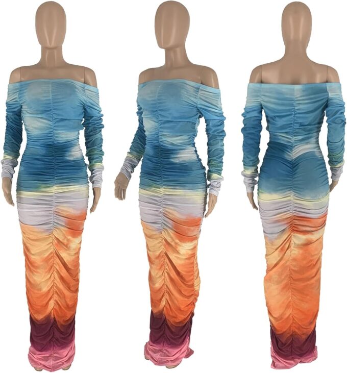 Famnbro Women's Sexy Off The Shoulder Long Sleeve Ruched Bodycon Maxi Dress Gradient Dresses – Bild 5