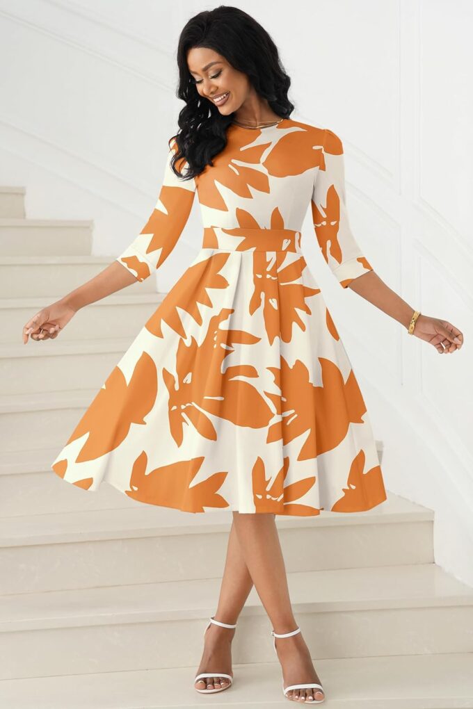Runwind Vintage Dress for Women 3/4 Sleeve A-Line Church Dress Floral Wedding Guest Cocktail Dresses with Pockets – Bild 2