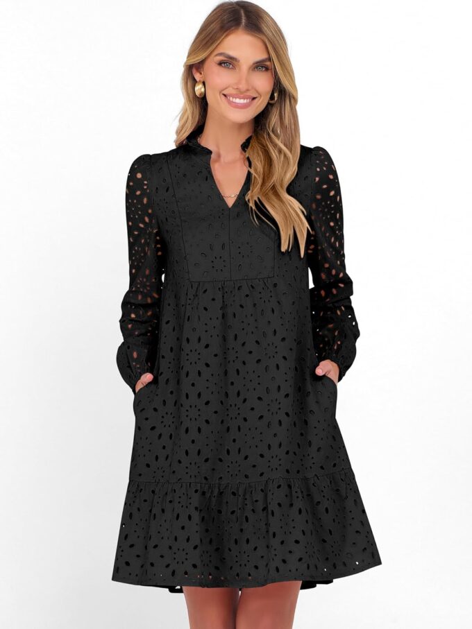 Caracilia Long Sleeve Dress for Women V Neck Hollow Out Eyelet Casual Fall Boho Flowy Swing Tiered Mini Vacation Dresses – Bild 2