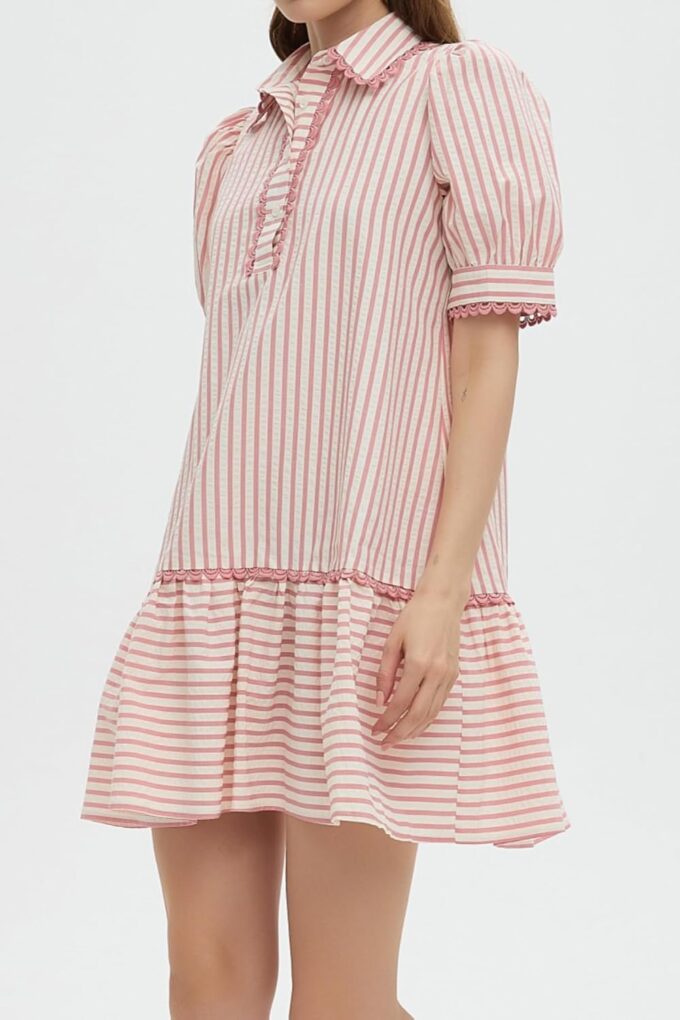 Striped Dress for Women Collared Short Puff Sleeve Ruffle Hem Summer Tunic Flowy Shirt Mini Dress – Bild 5