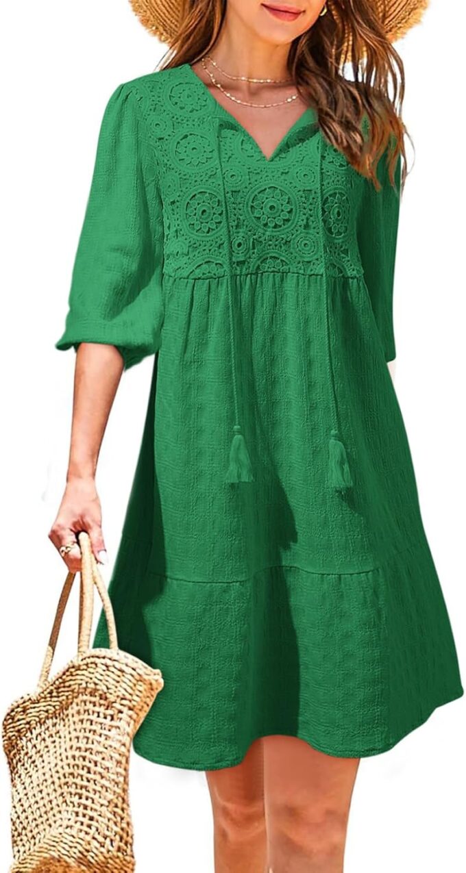 Dokotoo Womens Dresses Summer V Neck Drawstring Embroidered Half Sleeve Mini Dress Boho Dresses for Women 2025 Sundresses