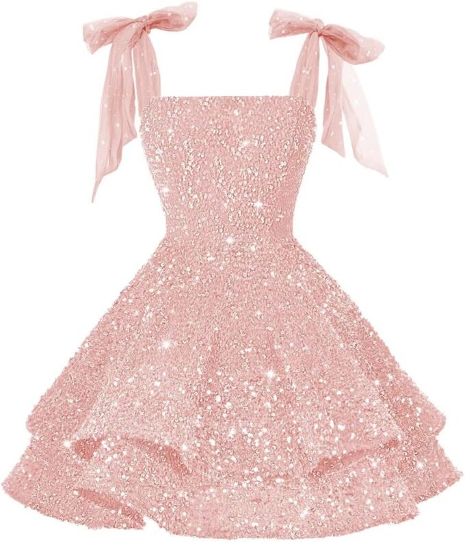 RSOETOO Sparkly Sequin Homecoming Dresses 2025 Tiered Bow Short Prom Dress Cocktail Party Gowns RO257