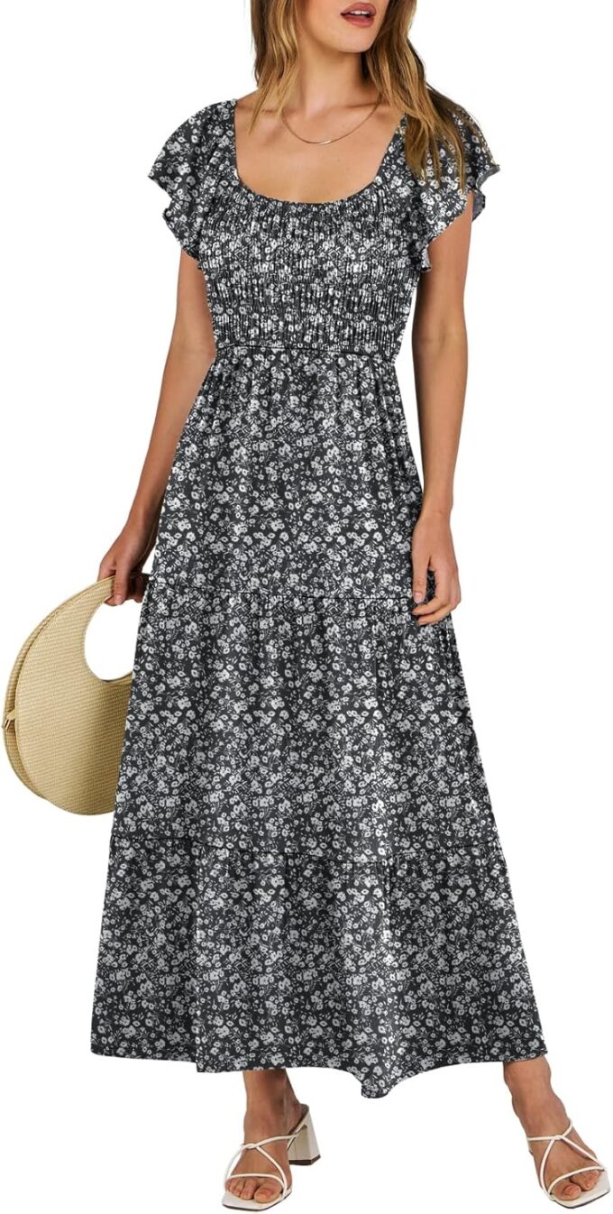 ANRABESS Women’s Casual Summer Maxi Dress Flutter Short Sleeve Scoop Neck Smocked A Line Flowy Beach Vacation Long Dresses
