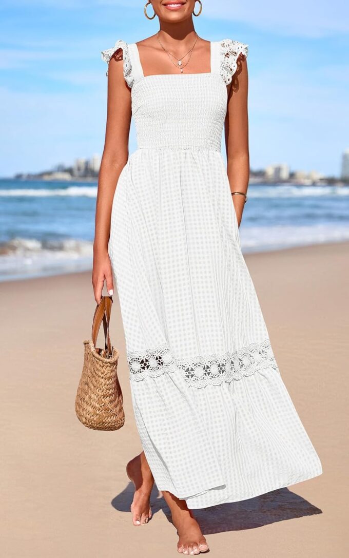 PRETTYGARDEN Women's Smocked Summer Maxi Dresses 2025 Ruffle Cap Sleeve Square Neck Lace Detail Flowy Sundress with Pockets – Bild 3