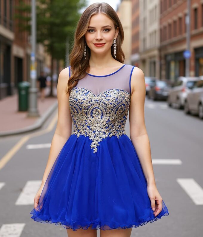 MisShow Tulle Homecoming Dresses for Teens Gold Lace Applique Short Prom Gown Sleeveless Cocktail Party Dresses – Bild 6