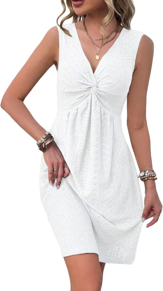 LLHXRUI Women's Twist Front V Neck Ruffle Casual Summer Dress Sexy Elegant Sleeveless Club Party Tunic Bodycon Mini Dresses